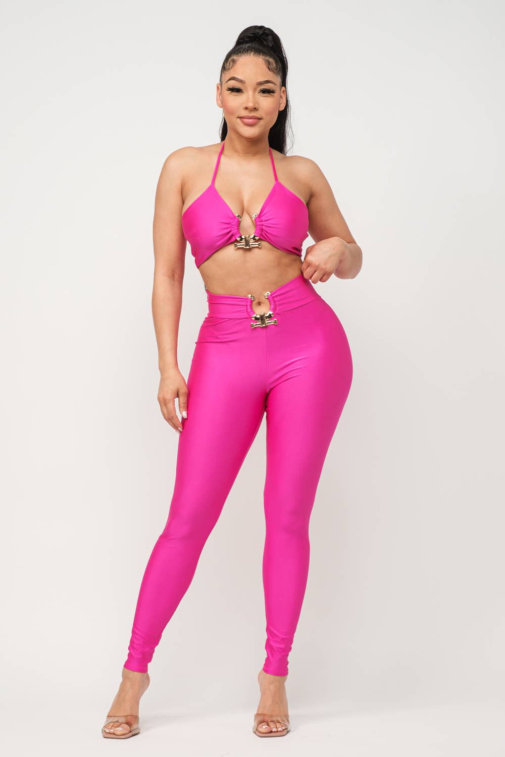 Front U-Ring Trim Bra Top And Leggings Set