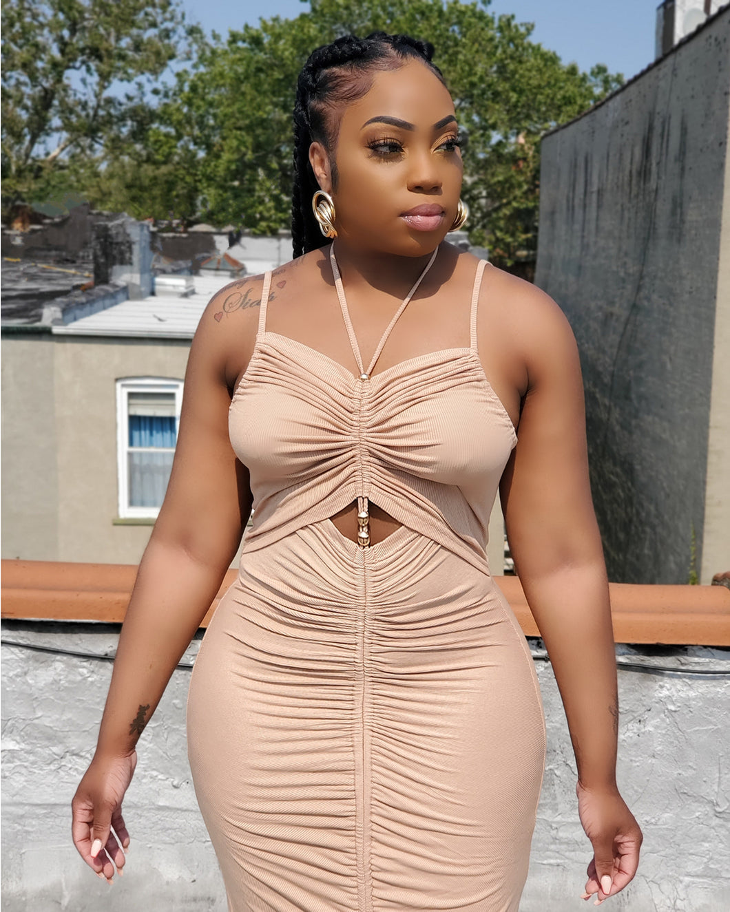 SXY Drawstring Ruched Split Hem Bodycon Dress ...