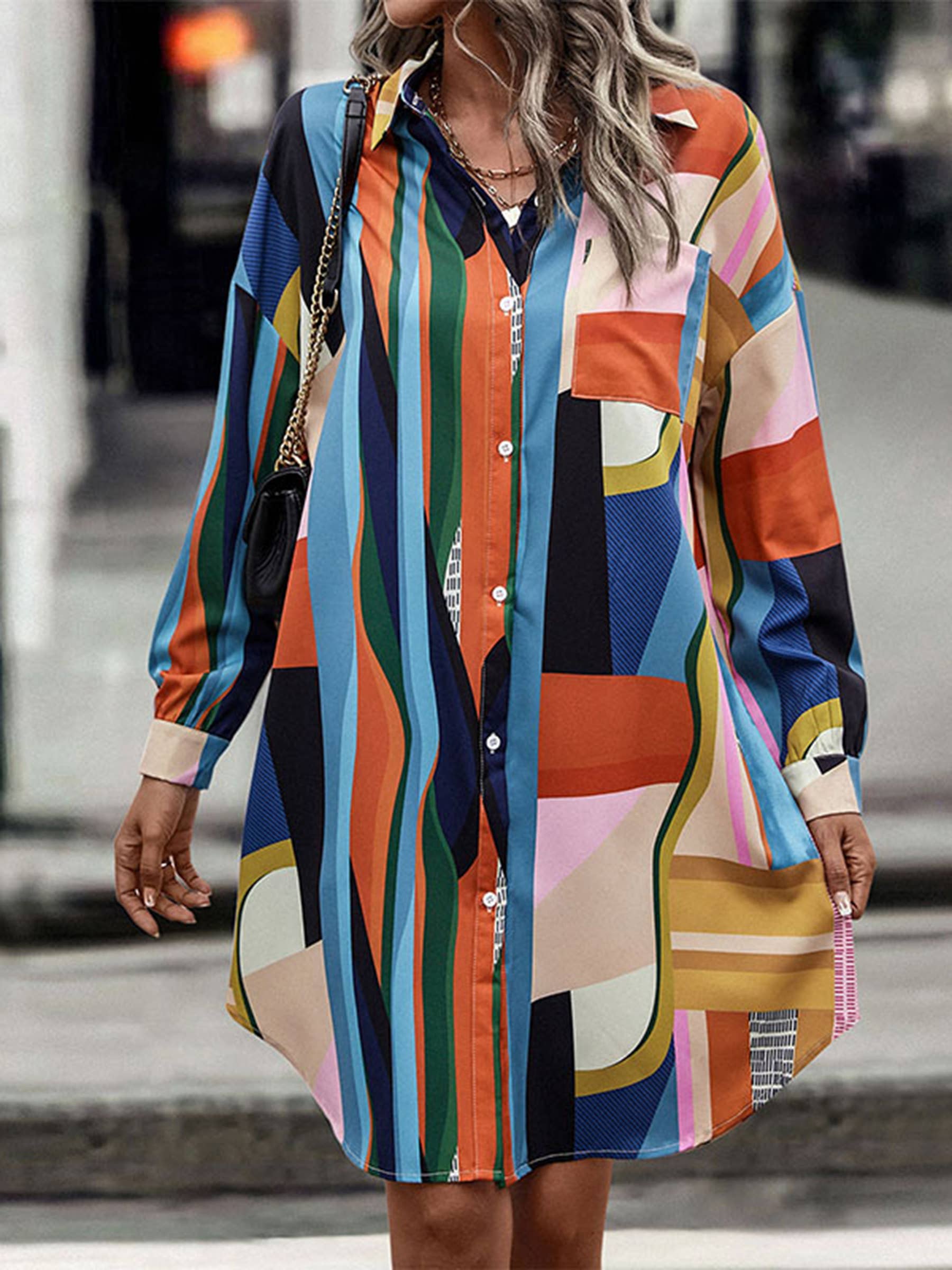 Long Sleeved Lapel Mid Length Cardigan Shirt Dress