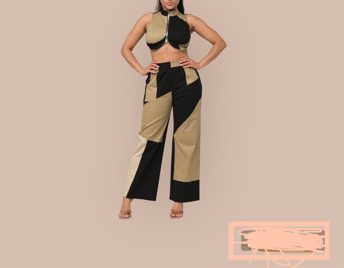 Color Block Front Zipper Top and Pants Set - NHOVIDSHOP.COM