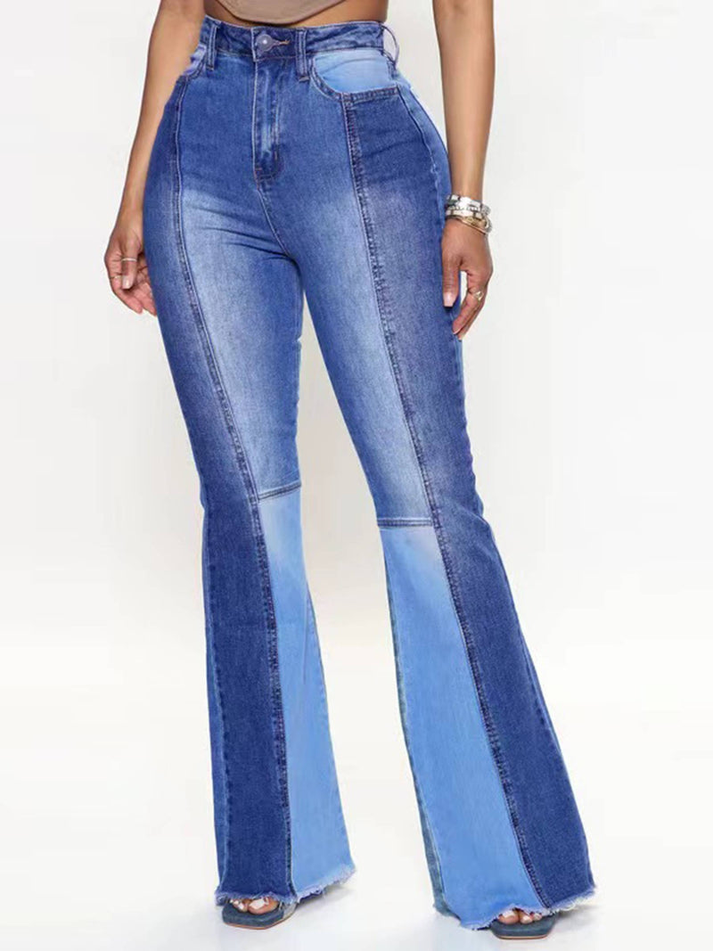 Two Tone Patchwork Micro Flare Stretch High Waisted Jeans - NHOVIDSHOP