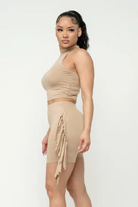 Mock Neck Crop Top And Side Laser Cut Shorts Set - NHOVIDSHOP