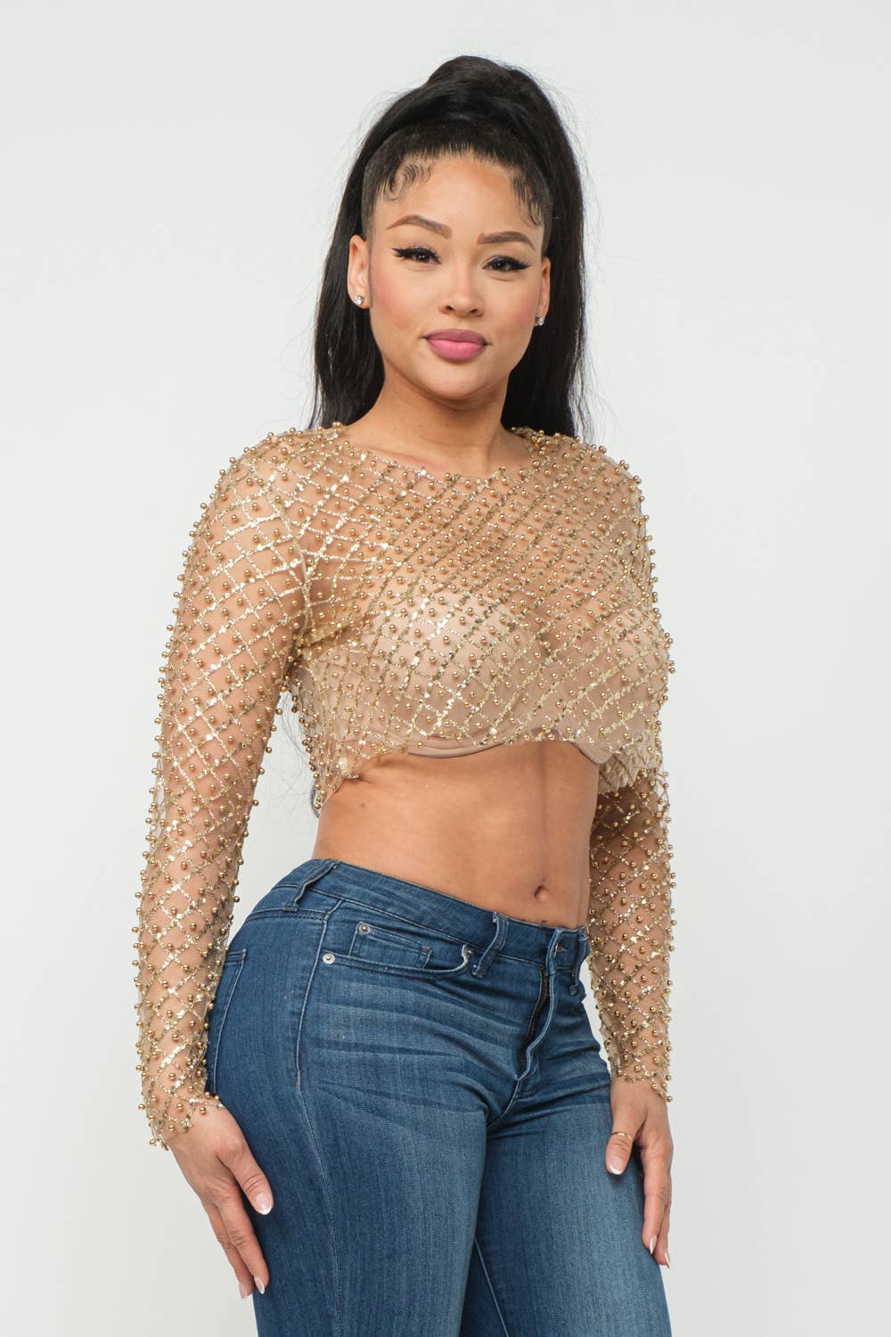 Mesh Pearl Beaded Sequin Detail Long Sleeve Top