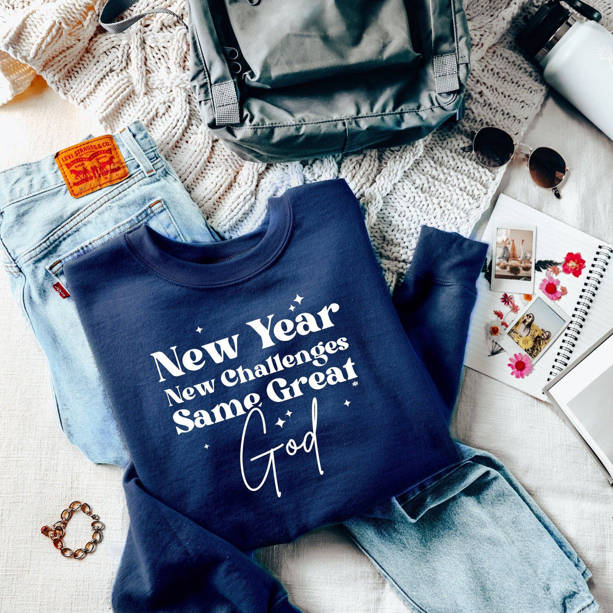 New Year New Challenges Same Great God Navy Sweatshirt: Small - NHOVIDSHOP.COM