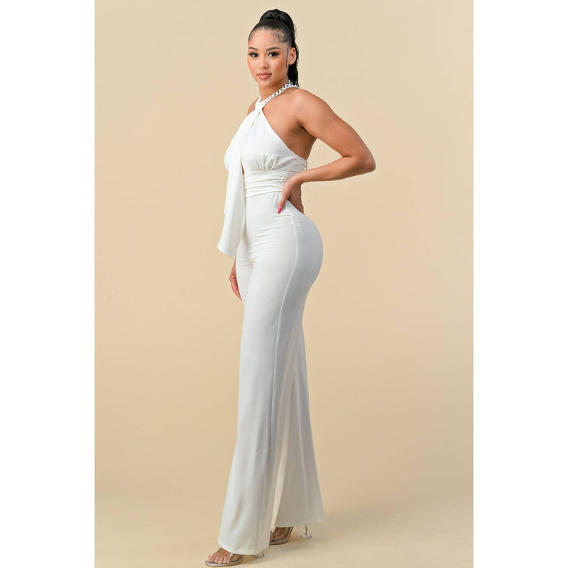 HALTERNECK RIBBON DETAIL CHAIN TRIM JUMPSUIT - NHOVIDSHOP