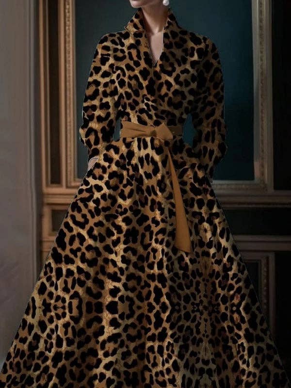 High Waisted Long Sleeves Bandage Leopard Pockets Stand Collar Maxi Dresses