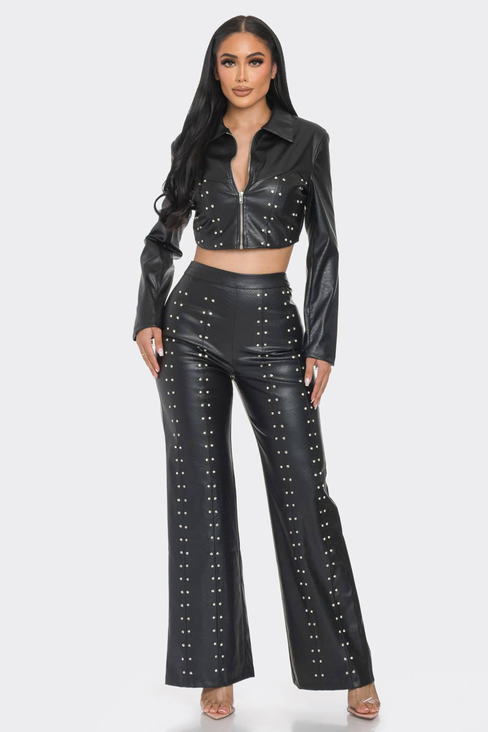 FAUX LEATHER SET WITH RHINESTONE  DETAIL - NHOVIDSHOP