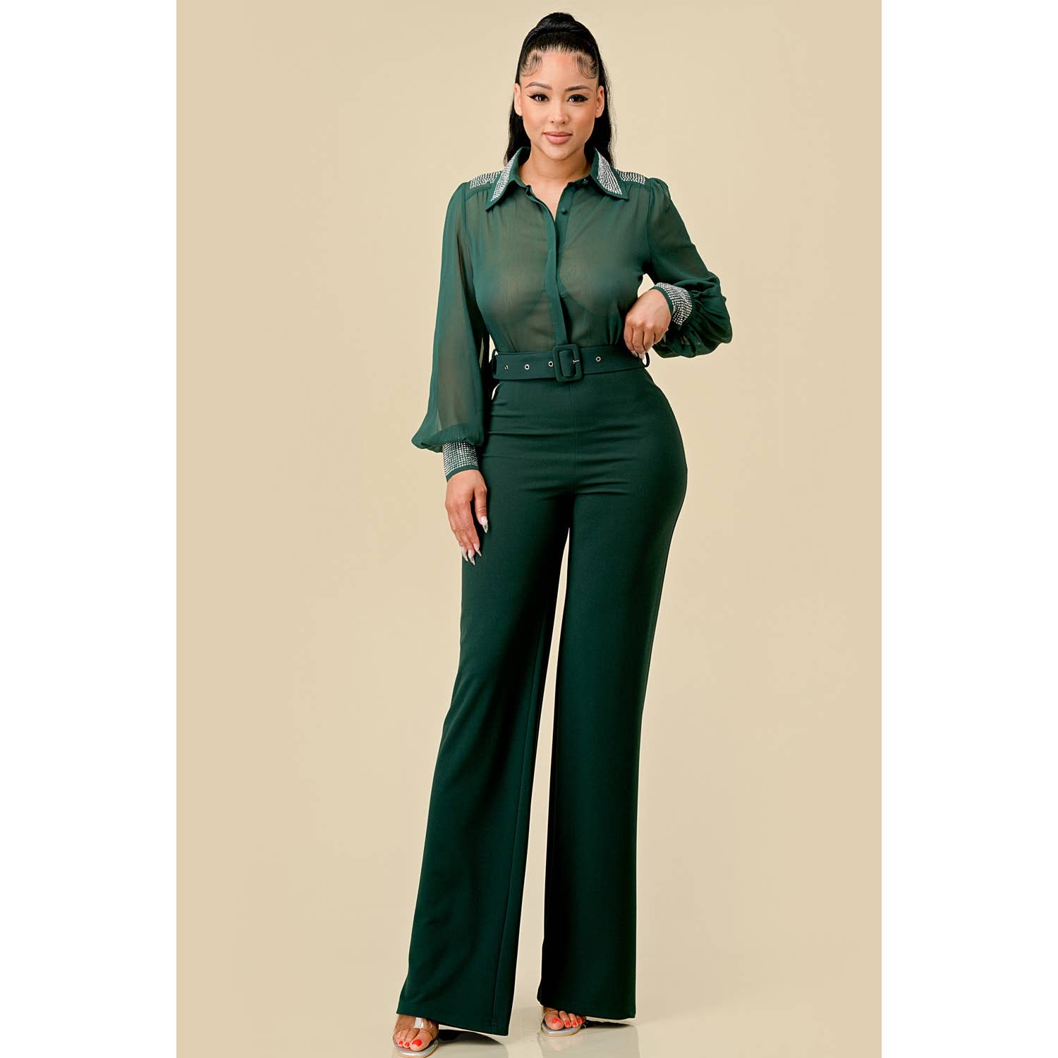 EMBELLISHMENT LONG SLV JUMPSUIT