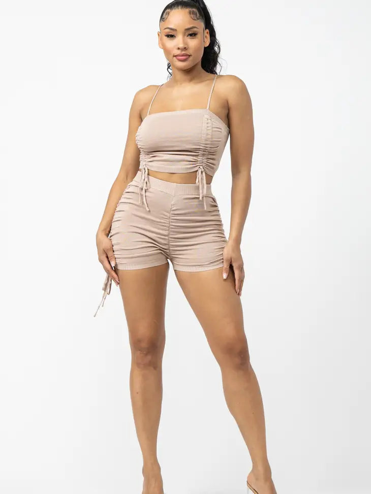 Shirring Tied Crop Top and Side Shirring Short Set - NHOVIDSHOP