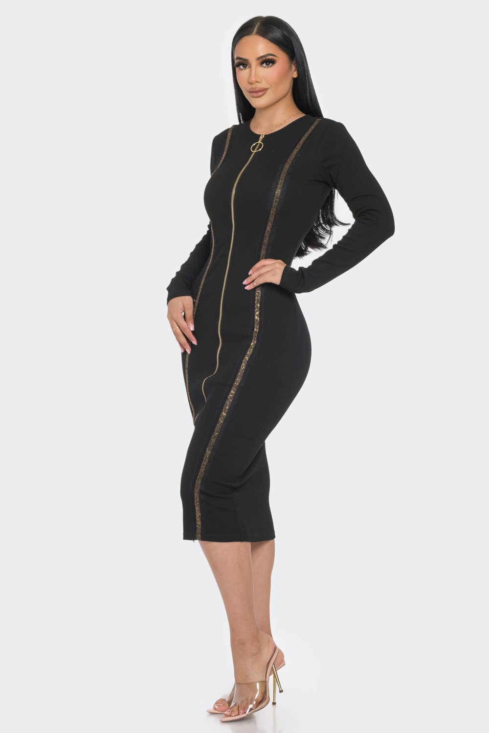 MIDI DRESS WITH GOLD TRIM DETAIL AND 2 WAY ZIPPER - NHOVIDSHOP