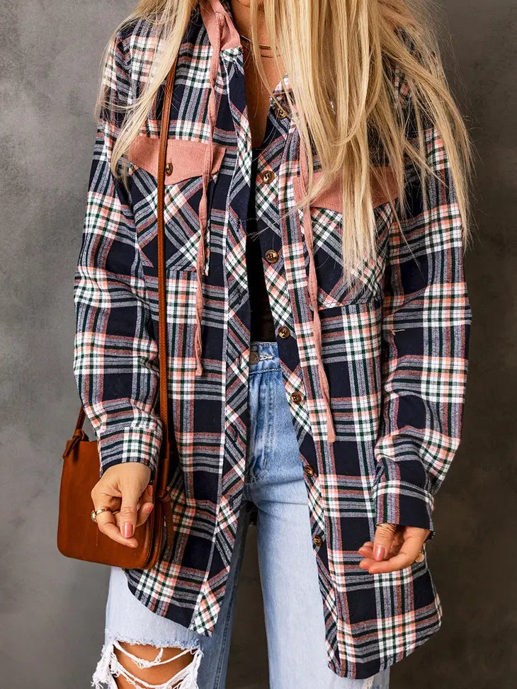 Pink Contrast Hooded Drawstring Plaid Shacket - NHOVIDSHOP.COM