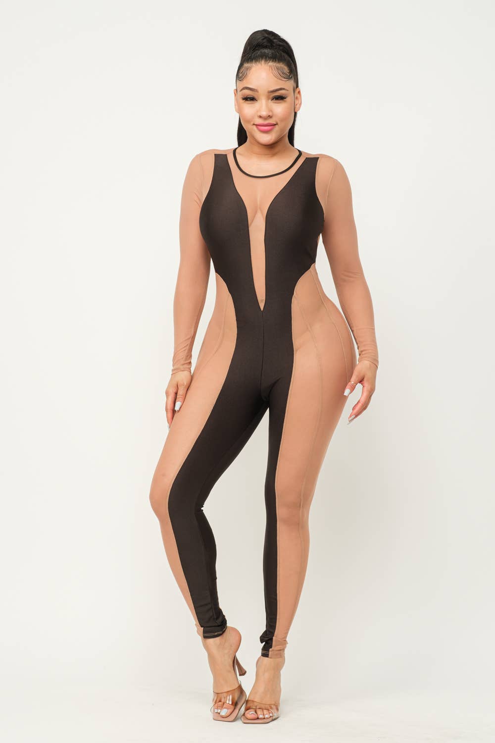 Contrast Mesh Color Block Detail Jumpsuit