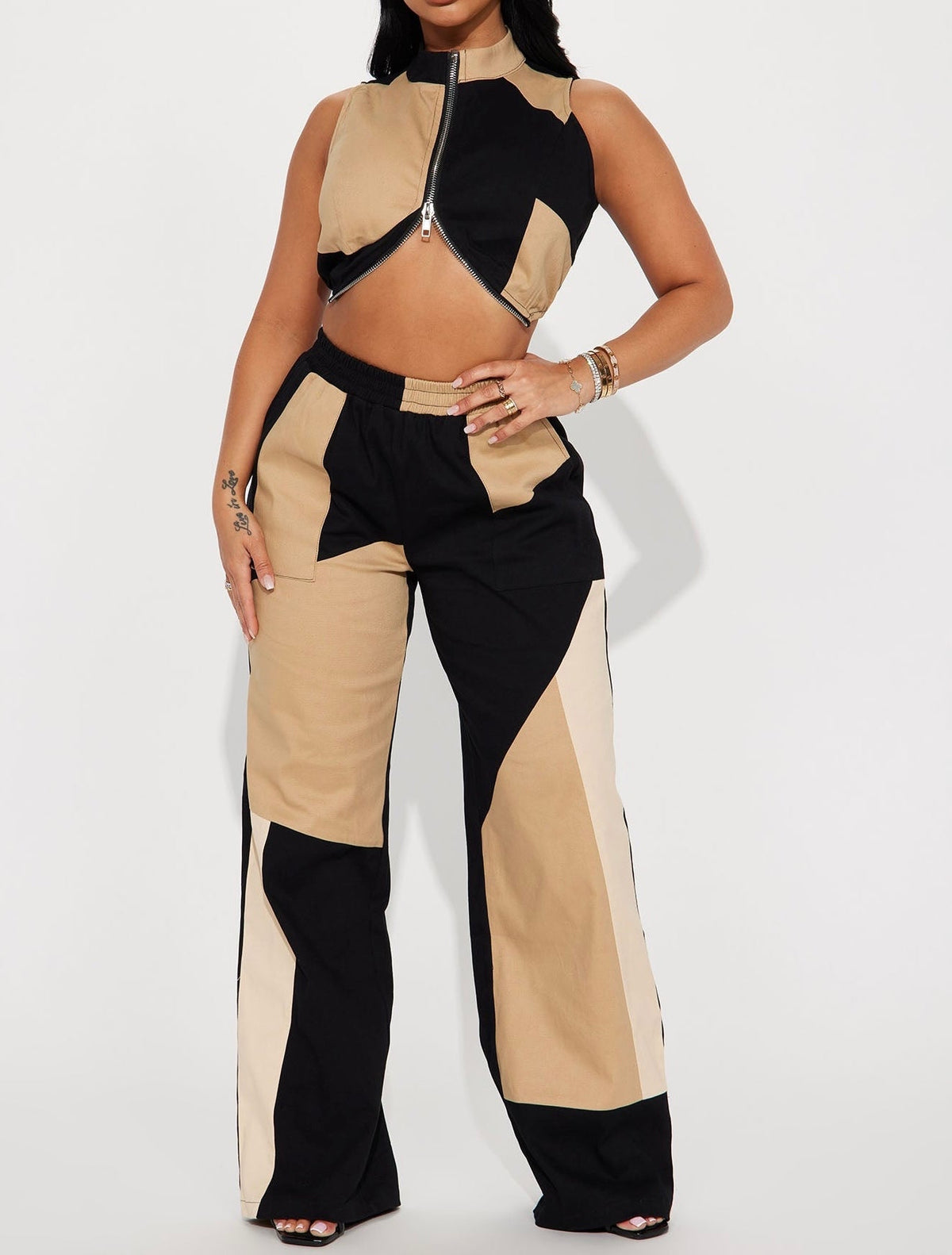 Color Block Front Zipper Top and Pants Set - NHOVIDSHOP.COM