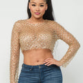 Mesh Pearl Beaded Sequin Detail Long Sleeve Top