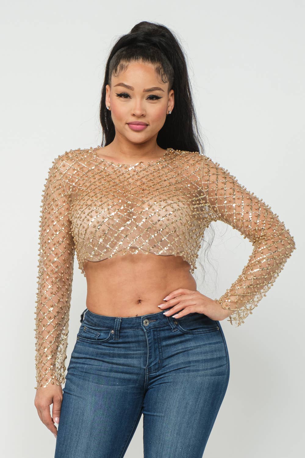 Mesh Pearl Beaded Sequin Detail Long Sleeve Top