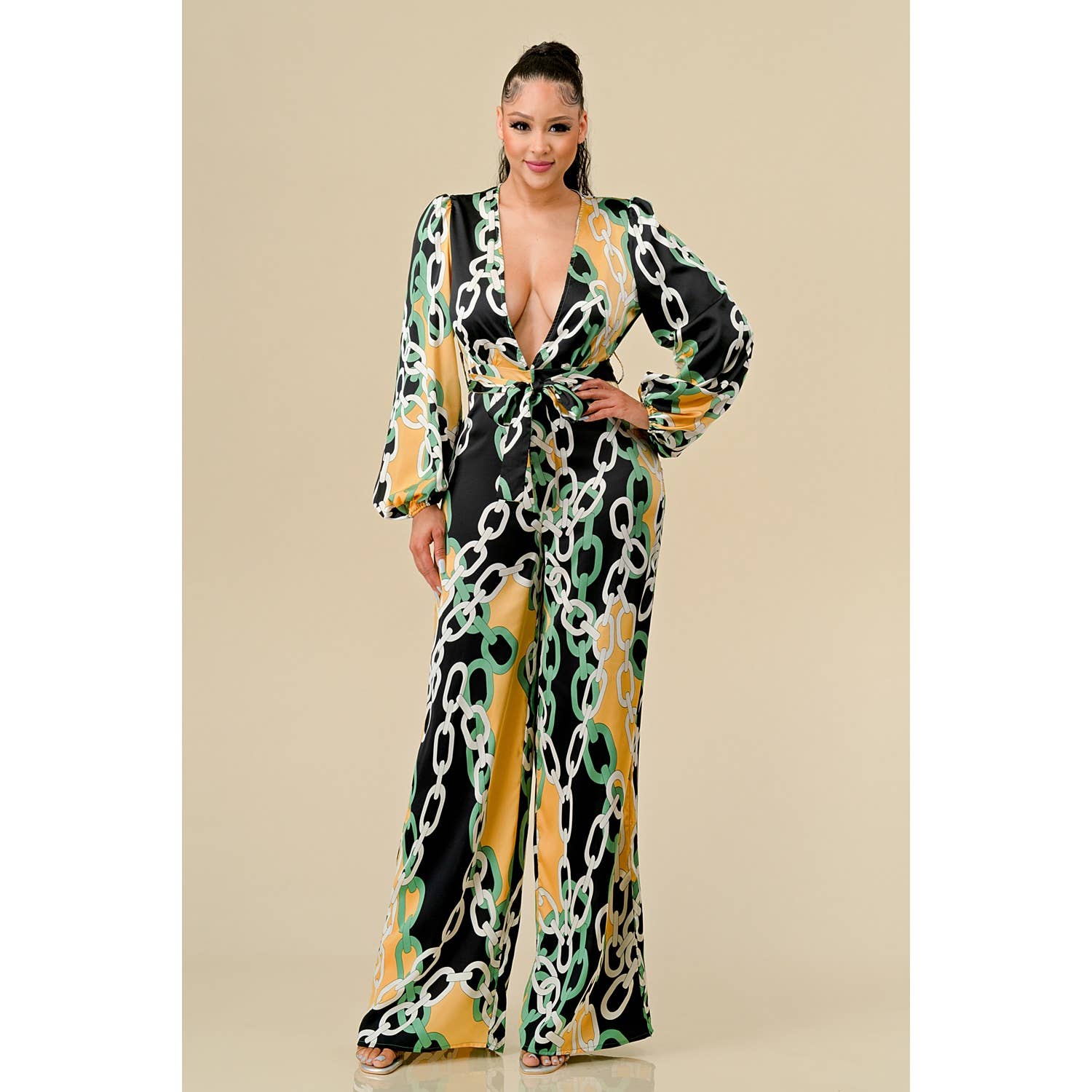 DEEP V CHAIN PRINT JUMPSUIT