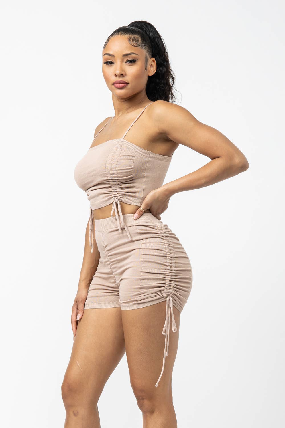 Shirring Tied Crop Top and Side Shirring Short Set