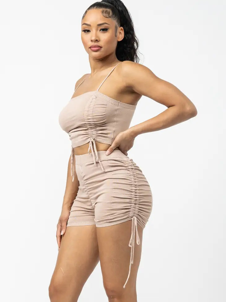 Shirring Tied Crop Top and Side Shirring Short Set - NHOVIDSHOP