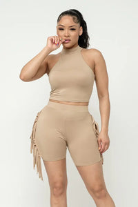 Mock Neck Crop Top And Side Laser Cut Shorts Set - NHOVIDSHOP