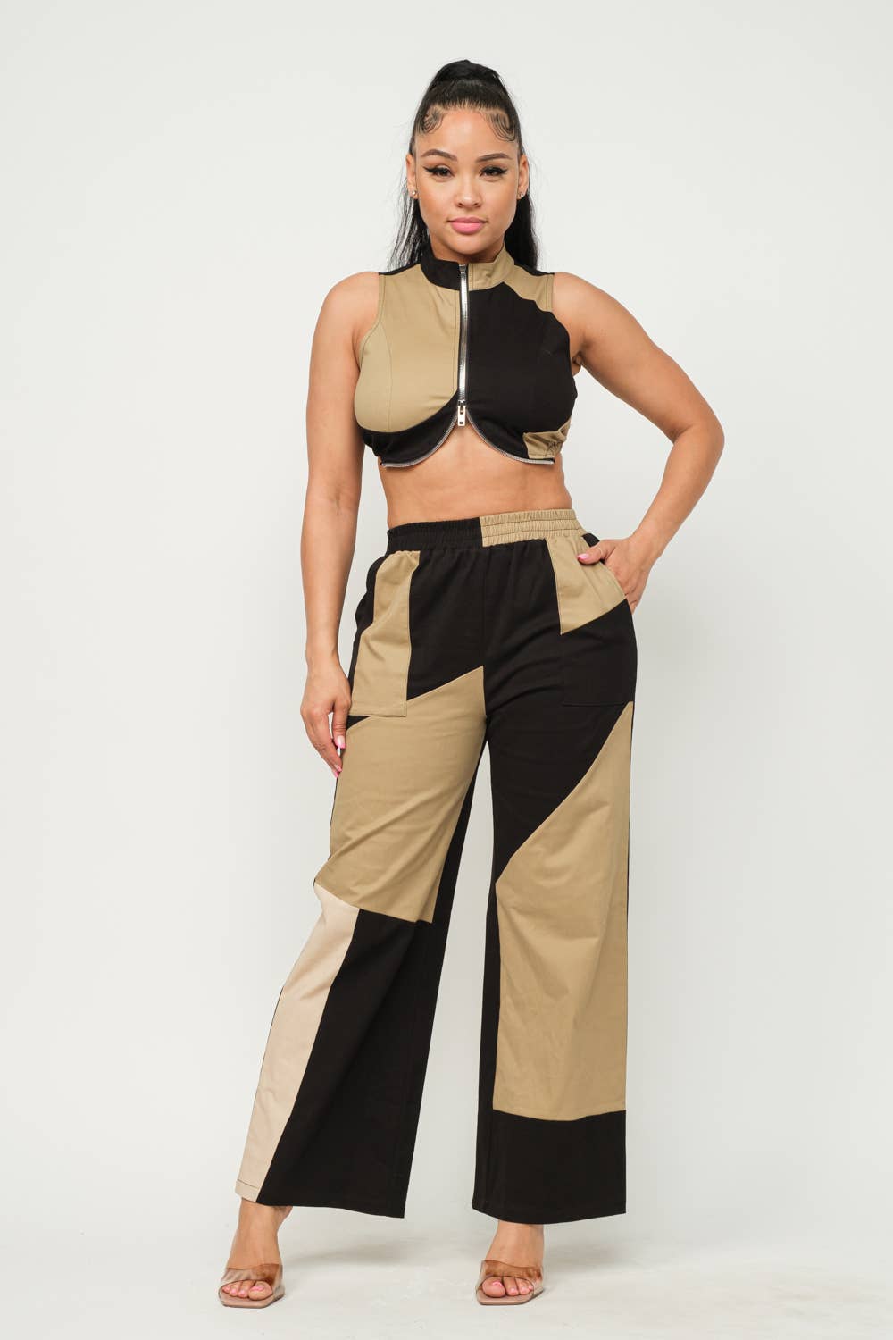 Color Block Front Zipper Top And Pants Set
