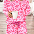 Pink Leopard Long Sleeve Satin Tie Shorts Two Piece Set