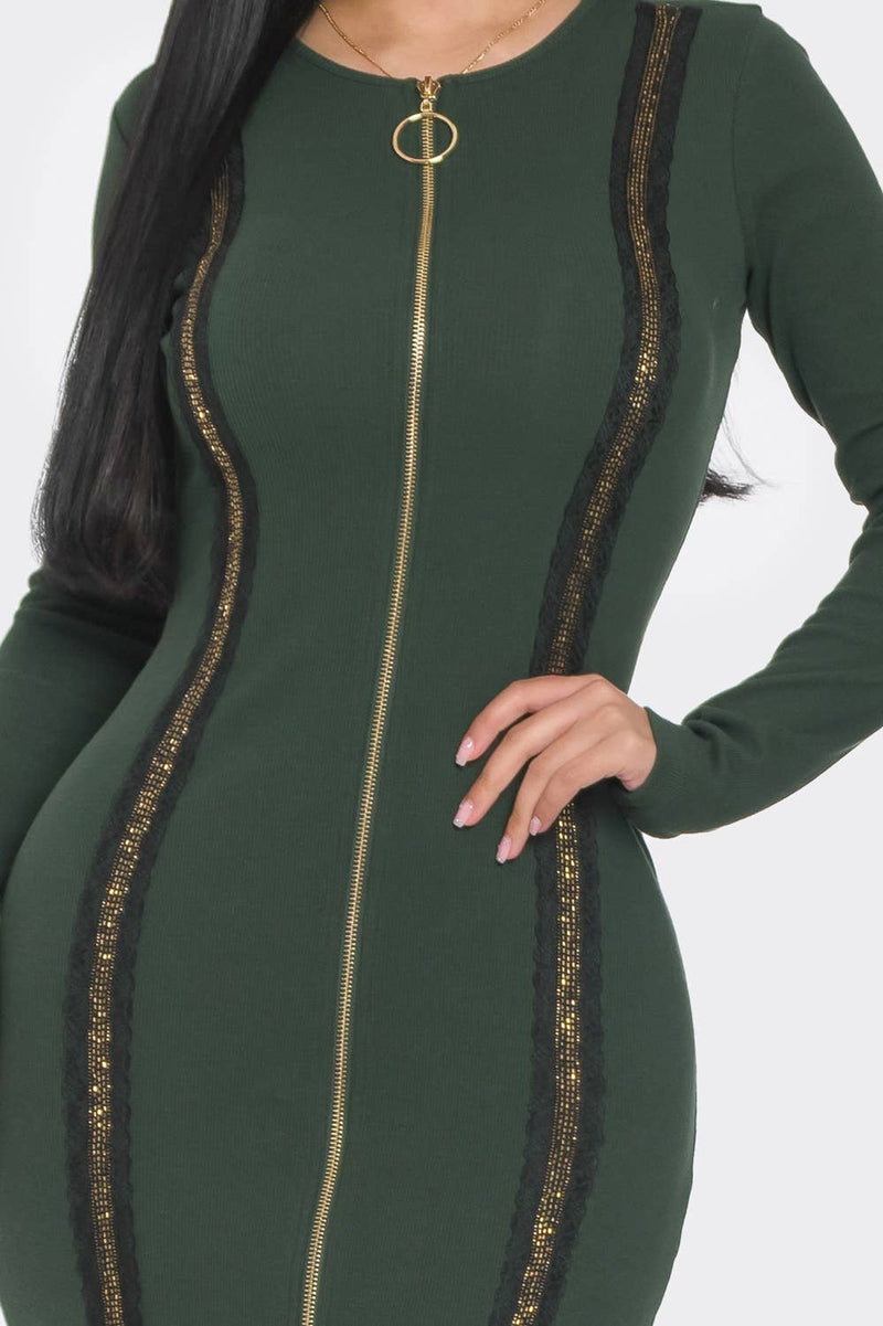 MIDI DRESS WITH GOLD TRIM DETAIL AND 2 WAY ZIPPER - NHOVIDSHOP