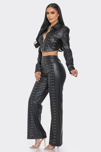 FAUX LEATHER SET WITH RHINESTONE  DETAIL - NHOVIDSHOP