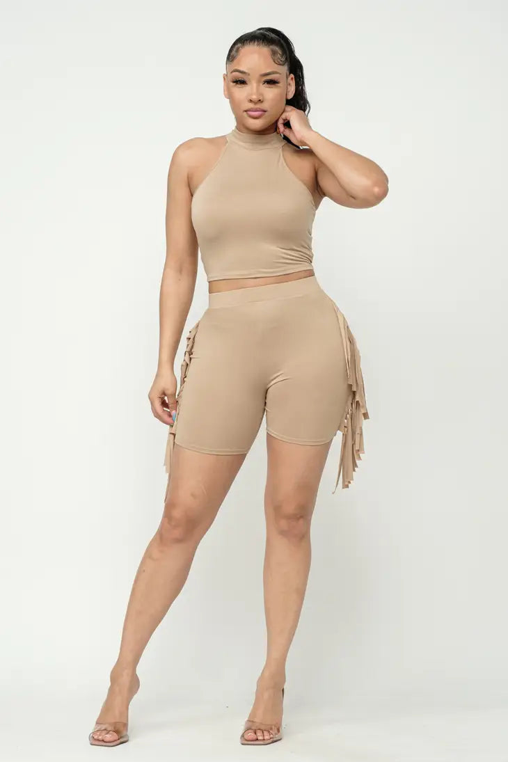 Mock Neck Crop Top And Side Laser Cut Shorts Set - NHOVIDSHOP