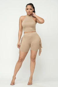 Mock Neck Crop Top And Side Laser Cut Shorts Set - NHOVIDSHOP