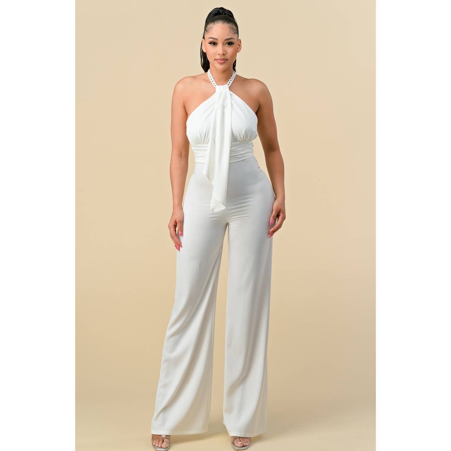 HALTERNECK RIBBON DETAIL CHAIN TRIM JUMPSUIT