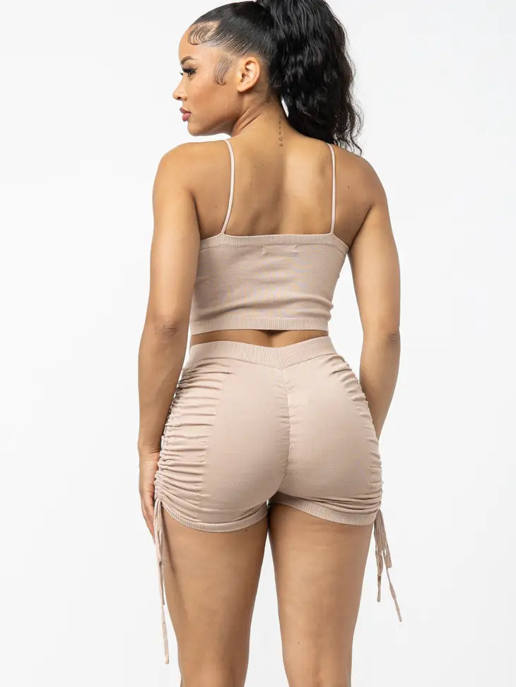 Shirring Tied Crop Top and Side Shirring Short Set - NHOVIDSHOP