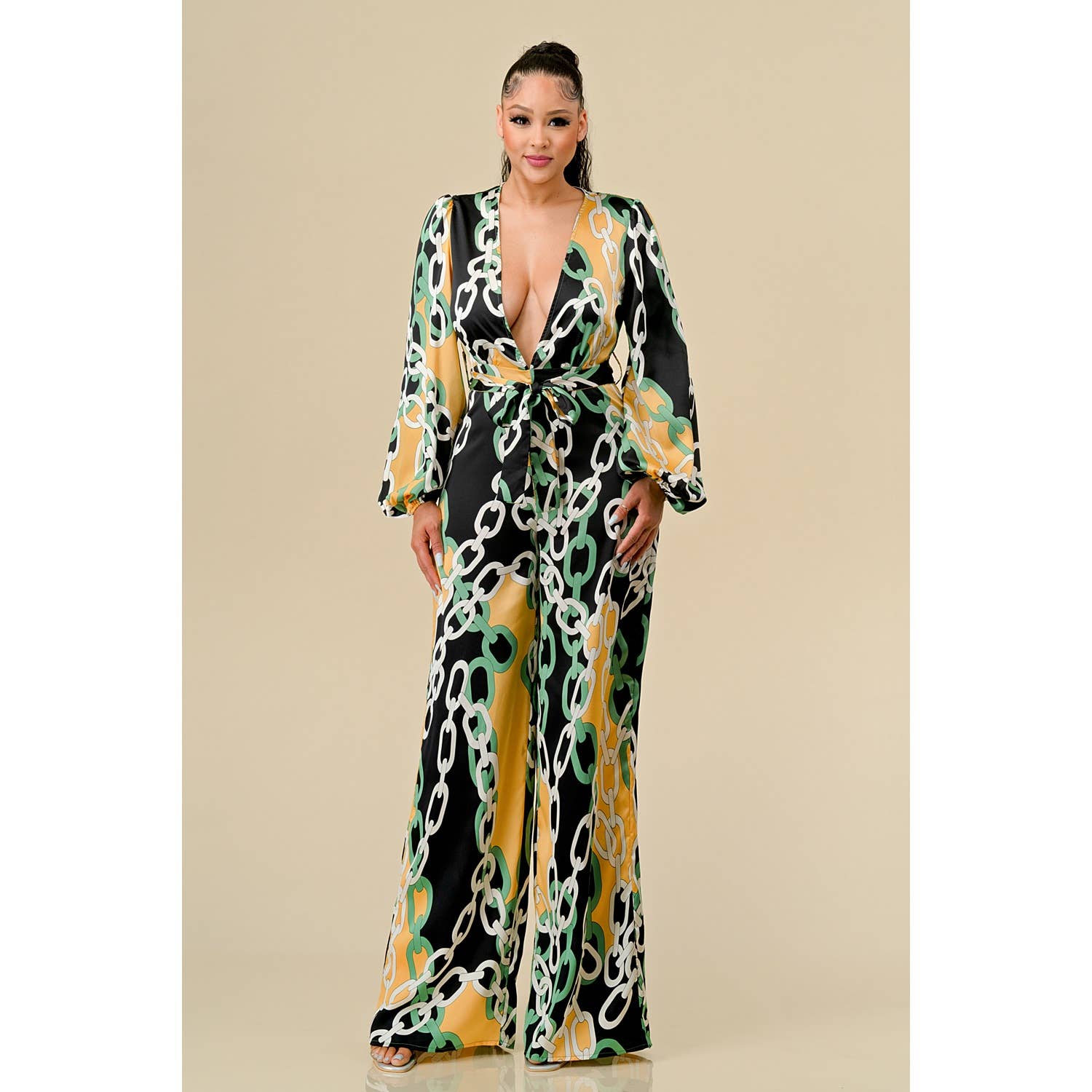 DEEP V CHAIN PRINT JUMPSUIT