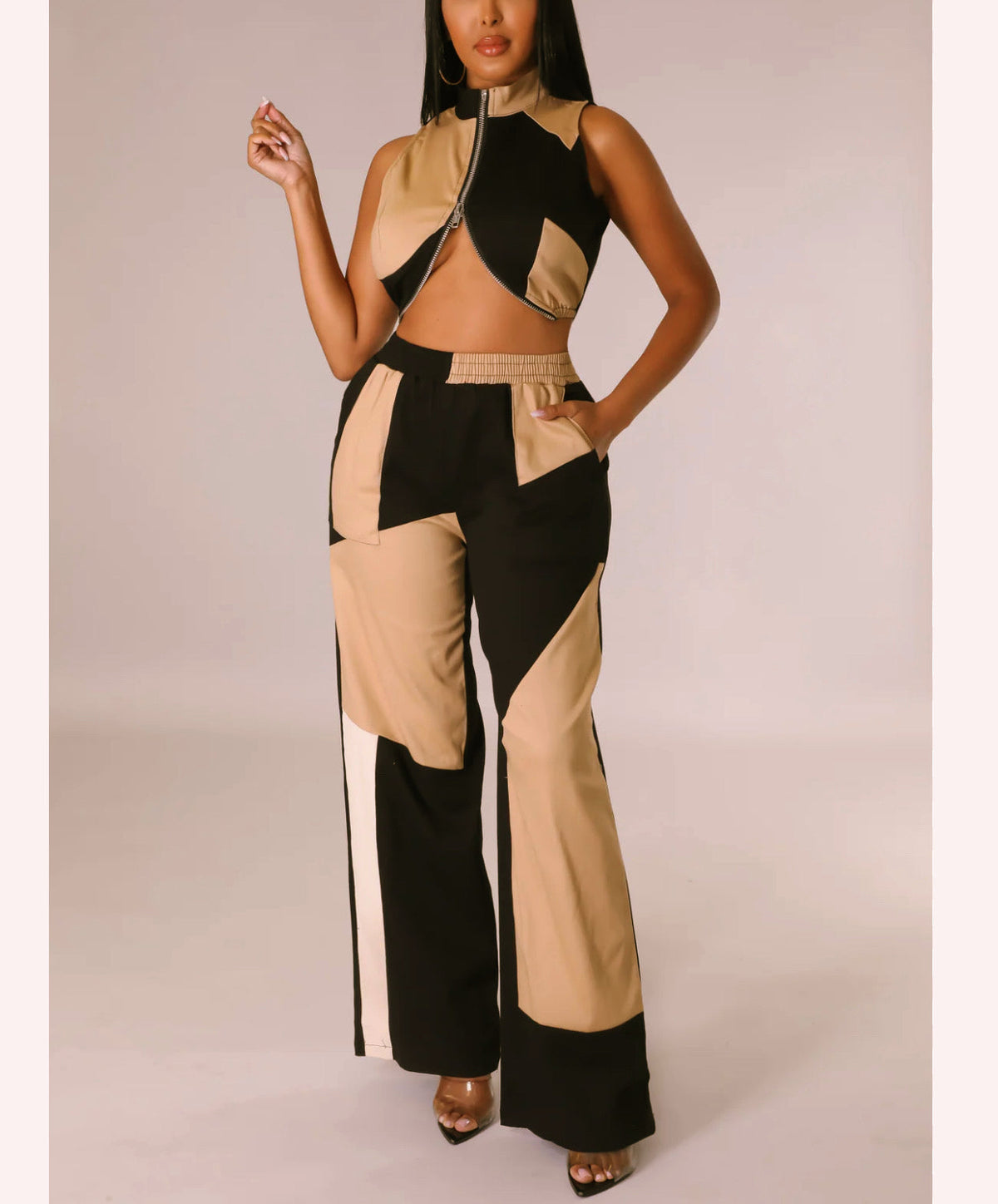 Color Block Front Zipper Top and Pants Set - NHOVIDSHOP.COM