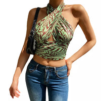 Women Close Fitting Sexy Vest Printed  Pattern Halter Neck Sleeveless Crop TOPS - NHOVIDSHOP