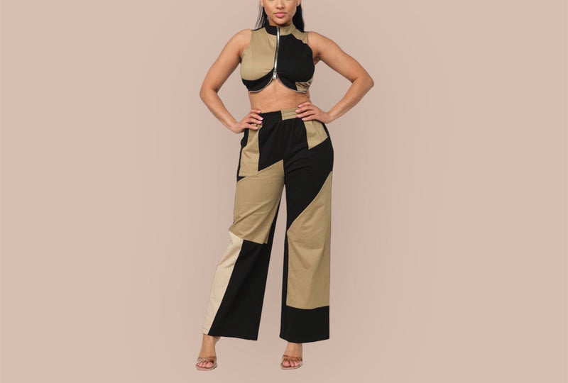 Color Block Front Zipper Top and Pants Set - NHOVIDSHOP.COM