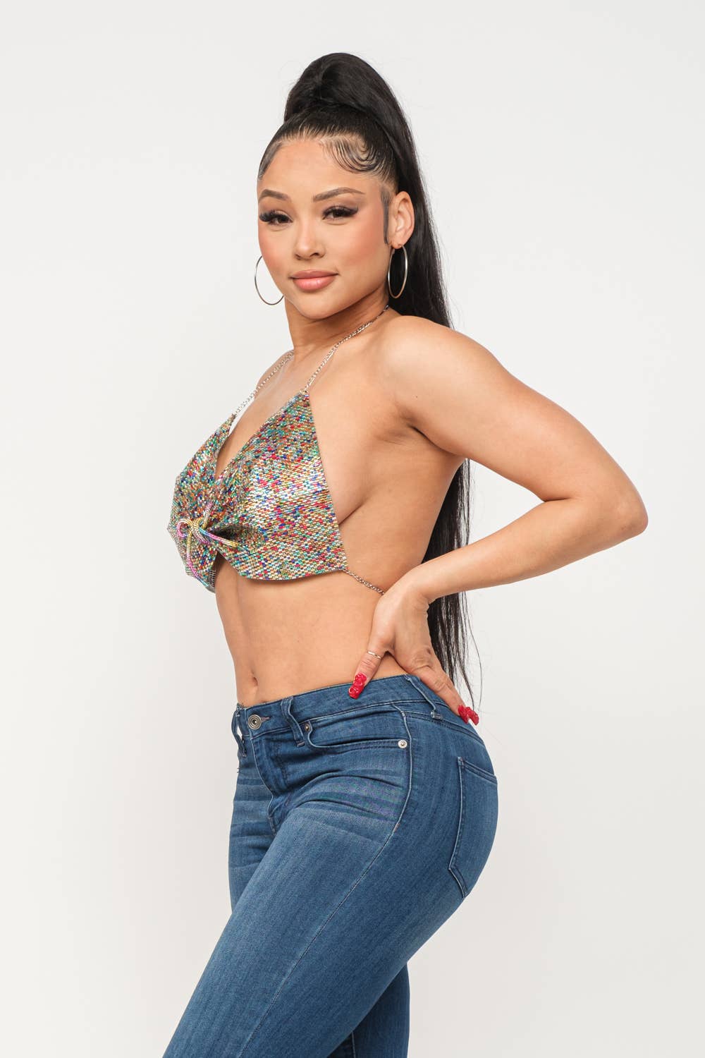 Metallic Multicolor Bow Tie Open Back Halter Top