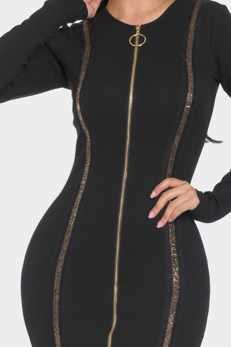 MIDI DRESS WITH GOLD TRIM DETAIL AND 2 WAY ZIPPER - NHOVIDSHOP