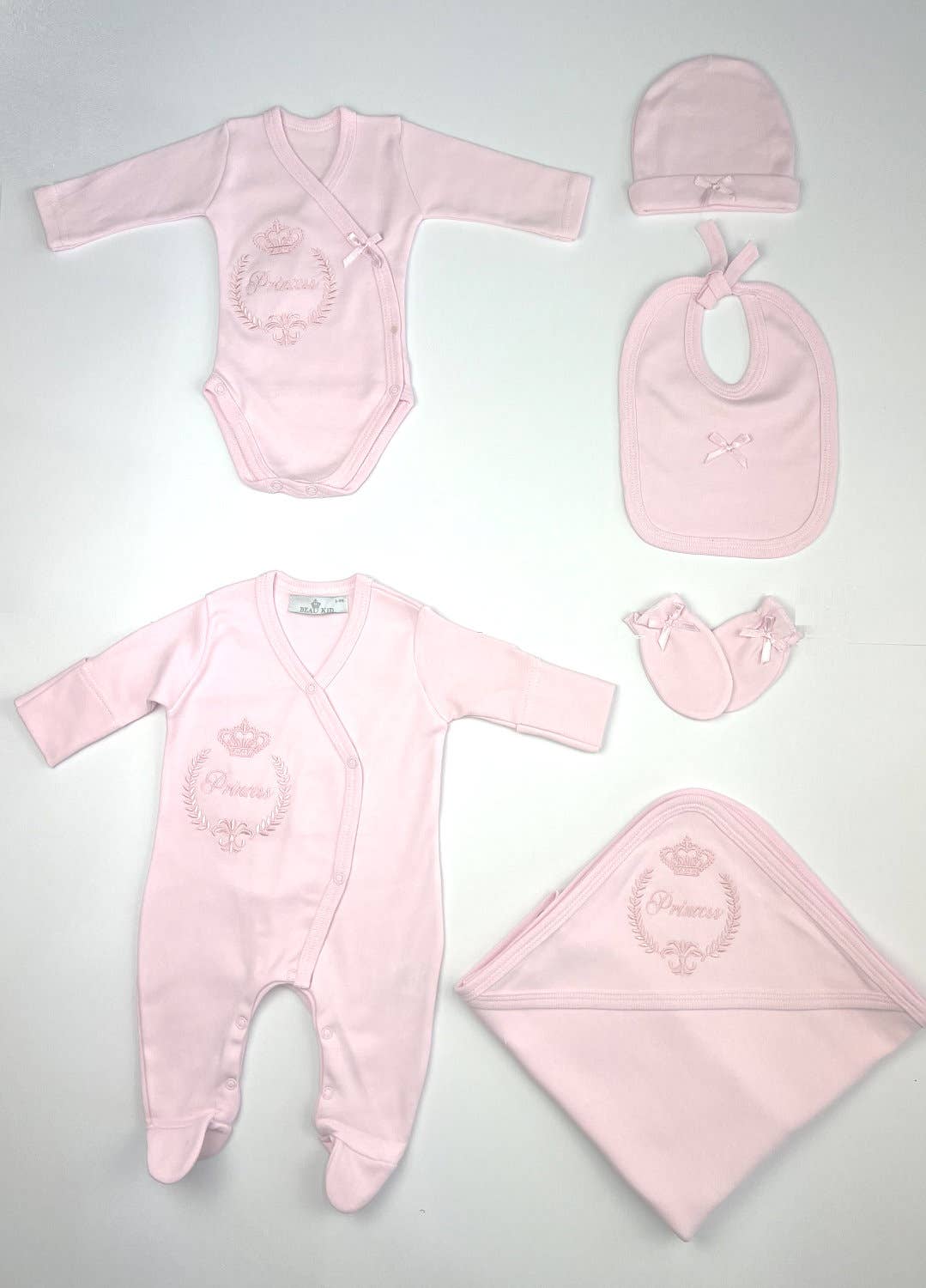 Six-piece soft cotton jersey babysuit set.