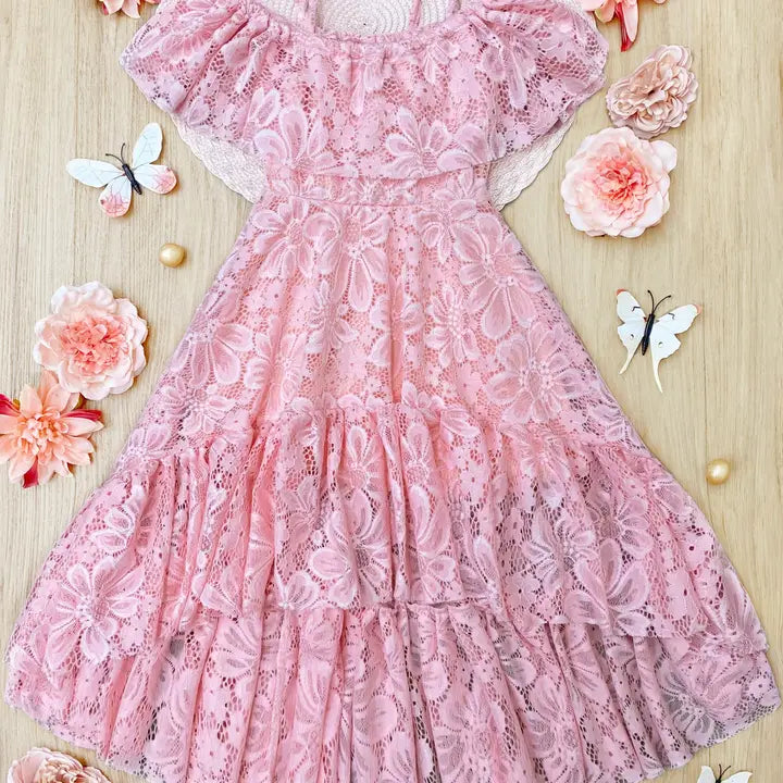 Pink Floral Lace Overlay Cold Shoulder Hi-Lo Maxi Sundres