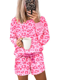 Pink Leopard Long Sleeve Satin Tie Shorts Two Piece Set - NHOVIDSHOP.COM