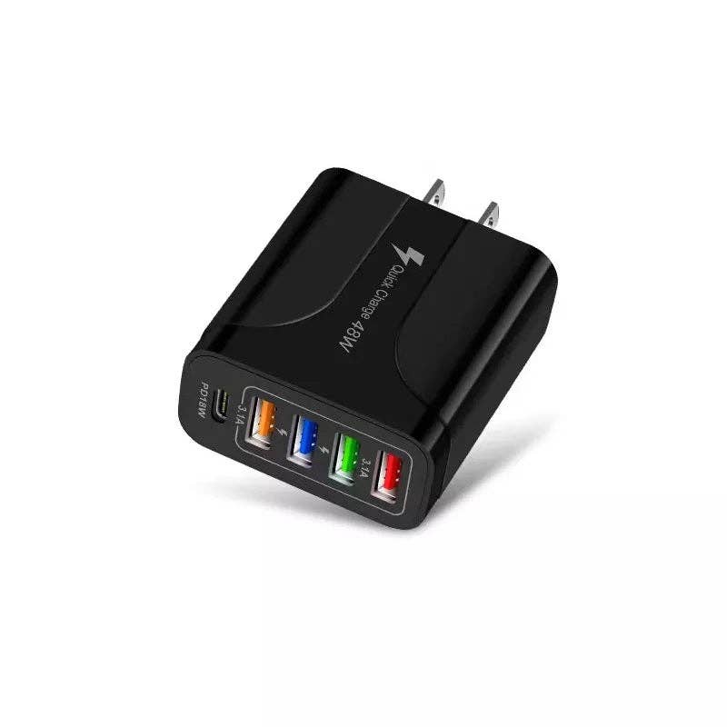 Combo: 6 Feet Charging Cable & 5-Port PD Wall Charger Bundle Deal: Cable + Black Charger - NHOVIDSHOP.COM