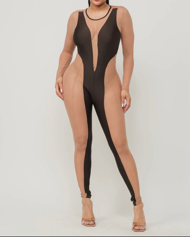 Contrast Mesh Color Block Detail Jumpsuit - NHOVIDSHOP.COM