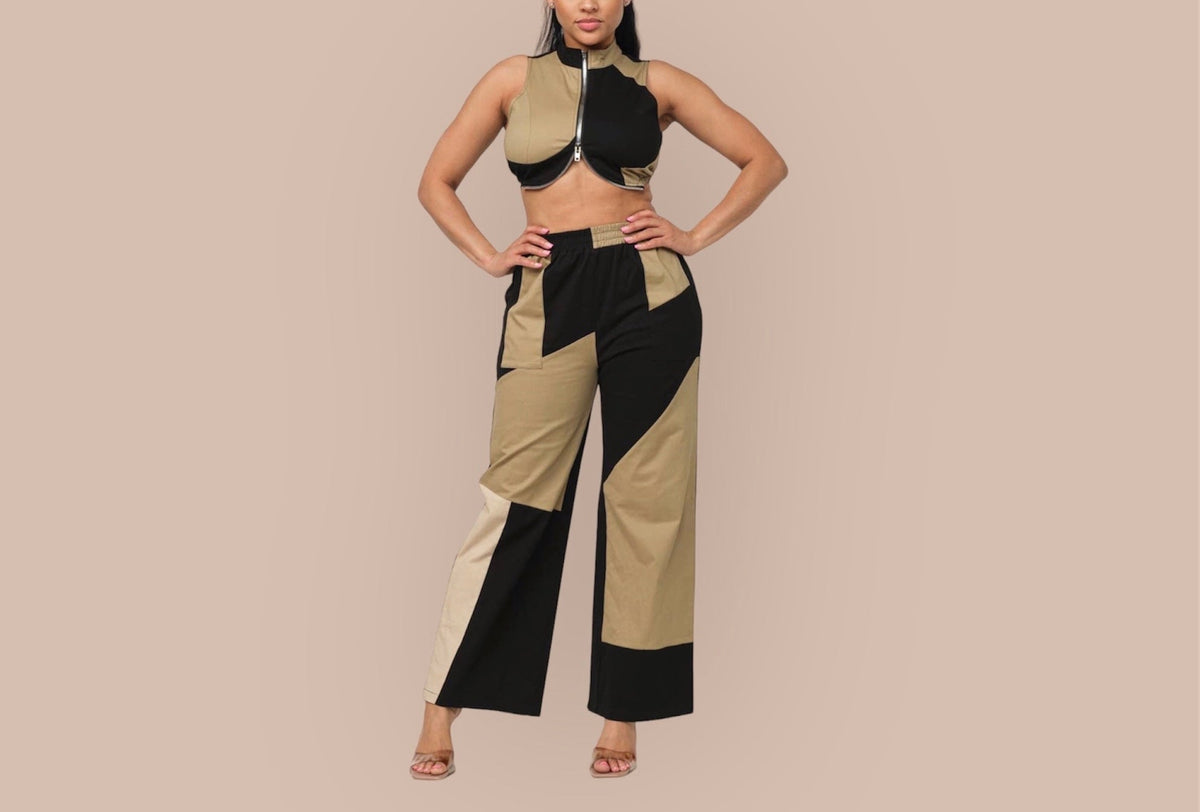 Color Block Front Zipper Top and Pants Set - NHOVIDSHOP.COM