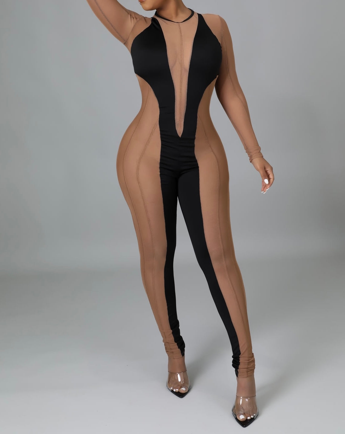 Contrast Mesh Color Block Detail Jumpsuit - NHOVIDSHOP.COM