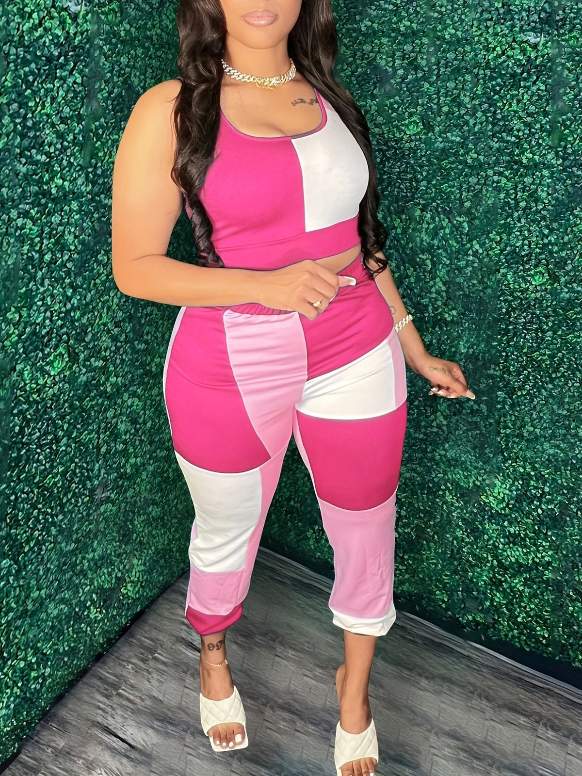 Color Block Tank Top and Waistband Pants Set - NHOVIDSHOP.COM