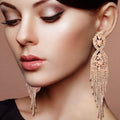 Rhinestone earrings, long clear crystal gold prom earrings, crystal rose gold dangle pageant earrings