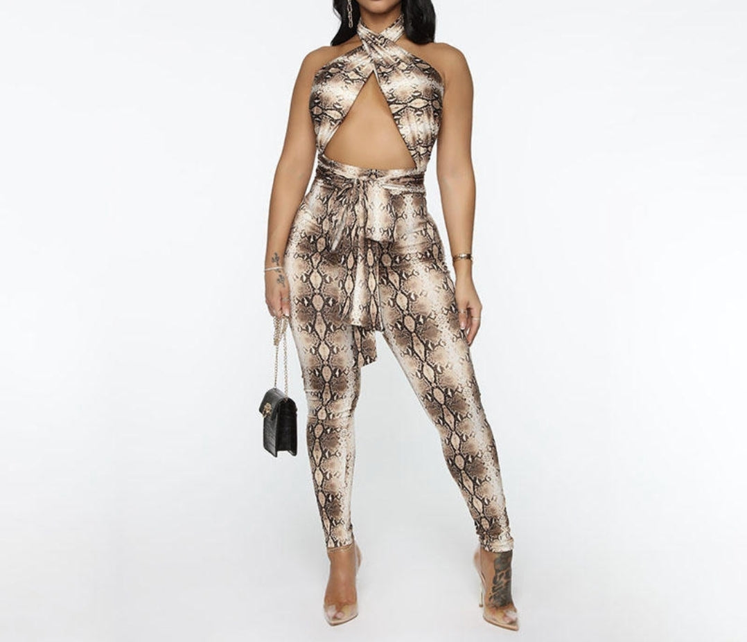 JUMPSUIT ANIMAL PRINT SNAKESKIN JUMPSUIT.Women's Snake Print Cross Halter Bodycon Jumpsuit Hollow Out Backless Sexy Bodysuit Club Street Summer Autumn Romper - NHOVIDSHOP