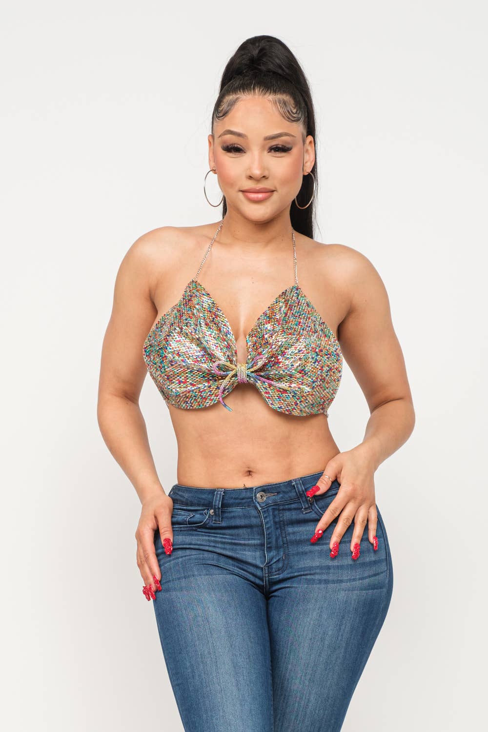 Metallic Multicolor Bow Tie Open Back Halter Top