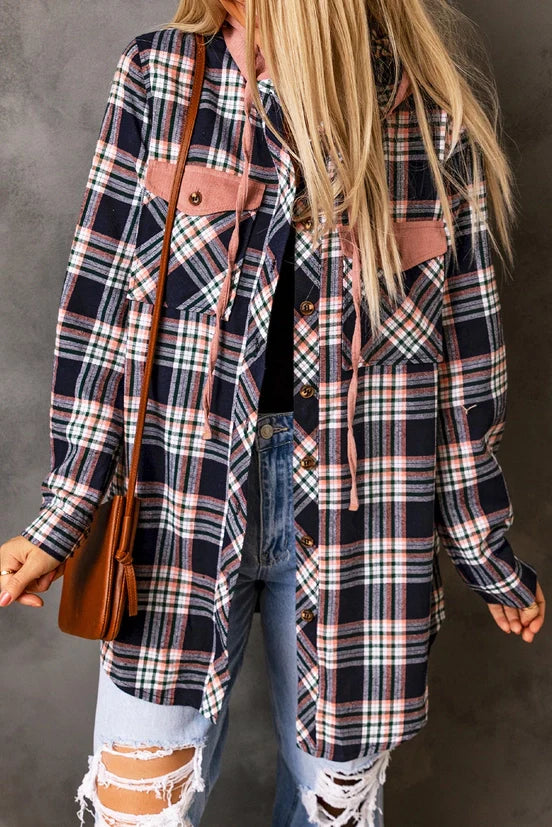 Pink Contrast Hooded Drawstring Plaid Shacket - NHOVIDSHOP.COM