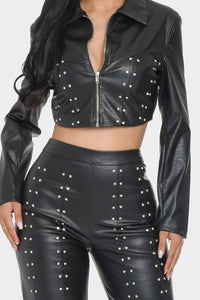 FAUX LEATHER SET WITH RHINESTONE  DETAIL - NHOVIDSHOP